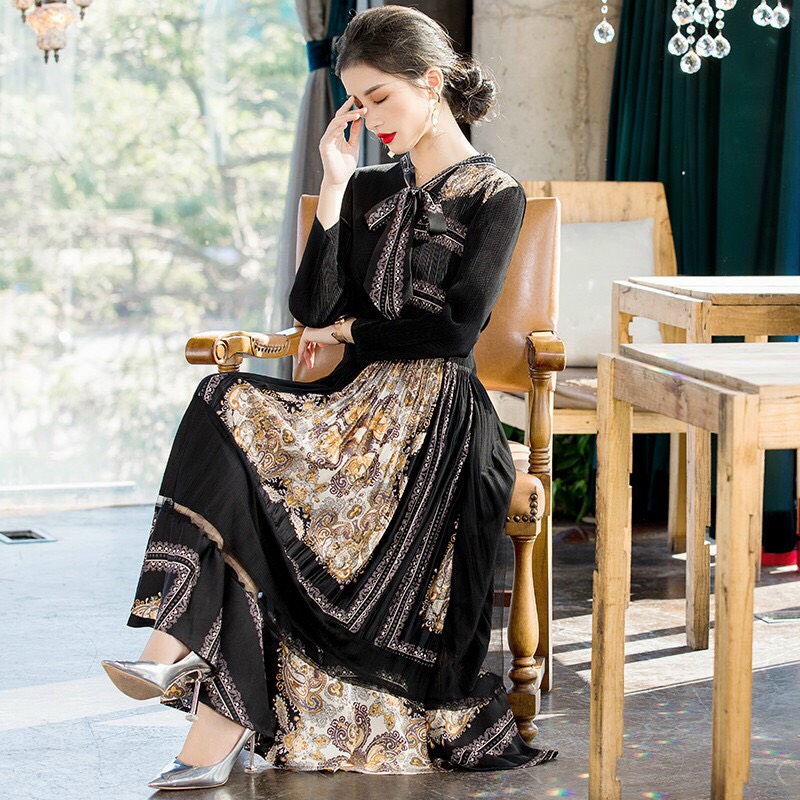 Đầm Dập Ly Họa Tiết Cổ Nơ - HN988